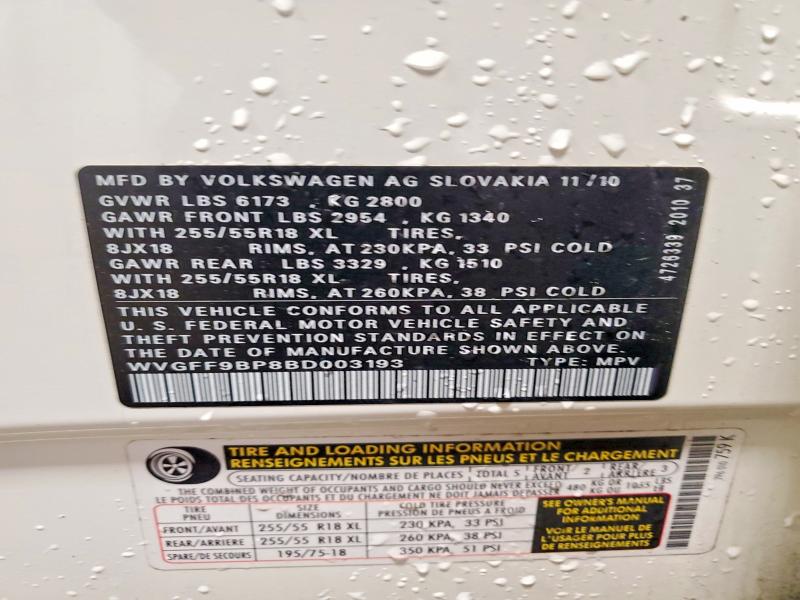 Продажа на аукционе авто 2011 Volkswagen Touareg, vin: WVGFF9BP8BD003193, номер лота: 54756466