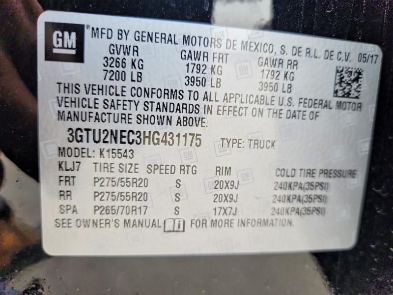 Aukcja sprzedaży 2017 Gmc Sierra, vin: 3GTU2NEC3HG431175, numer aukcji: 51839606