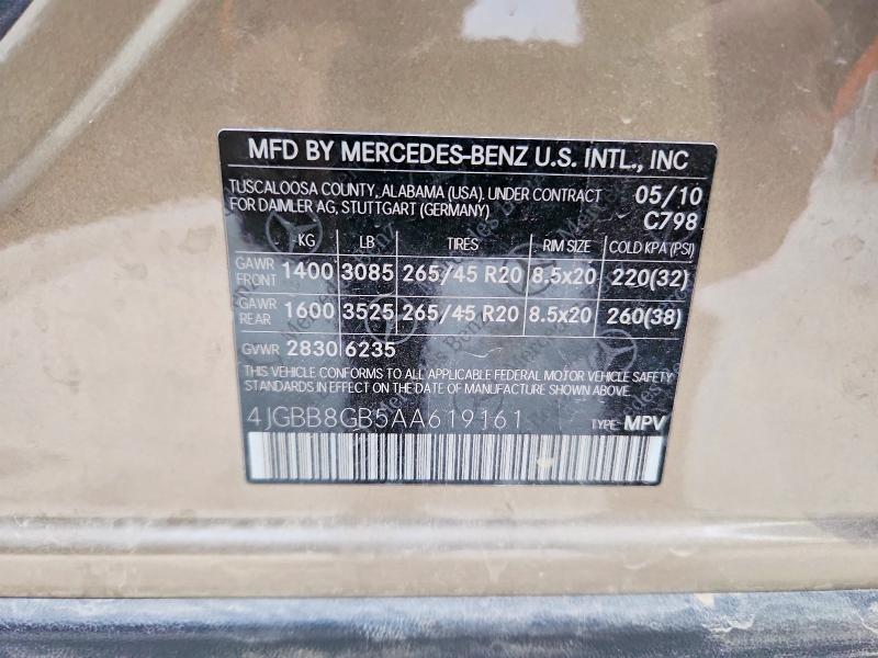 2010 Mercedes-benz Ml მანქანა იყიდება აუქციონზე, vin: 4JGBB8GB5AA619161, აუქციონის ნომერი: 52133316