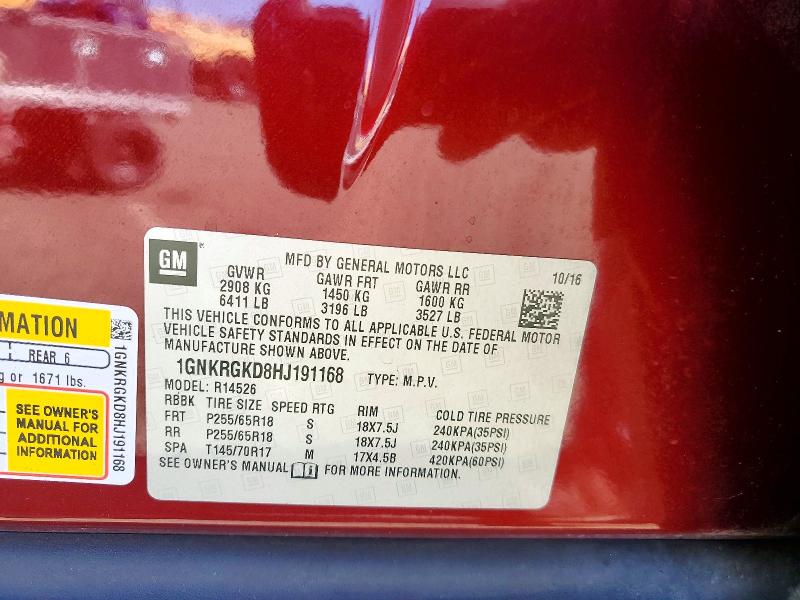 Aukcja sprzedaży 2017 Chevrolet Traverse, vin: 1GNKRGKD8HJ191168, numer aukcji: 54112096