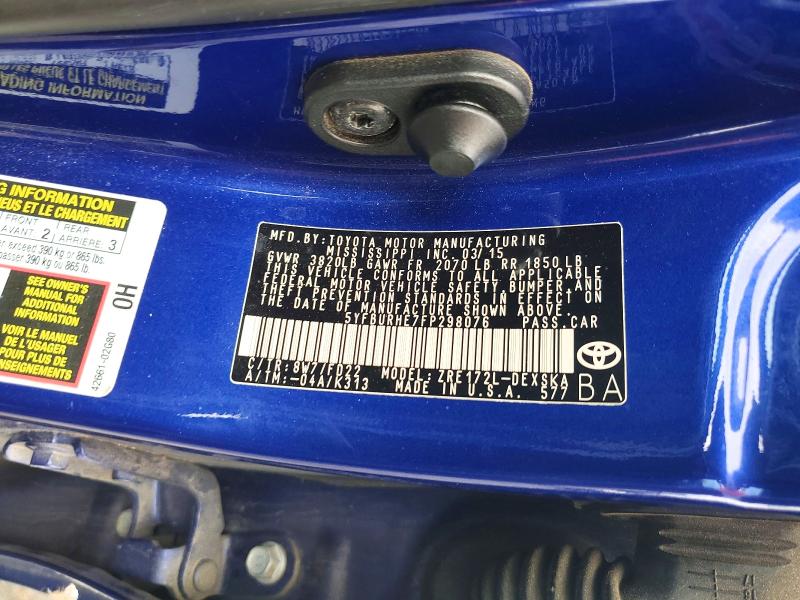 2015 Toyota Corolla მანქანა იყიდება აუქციონზე, vin: 5YFBURHE7FP298076, აუქციონის ნომერი: 53764456