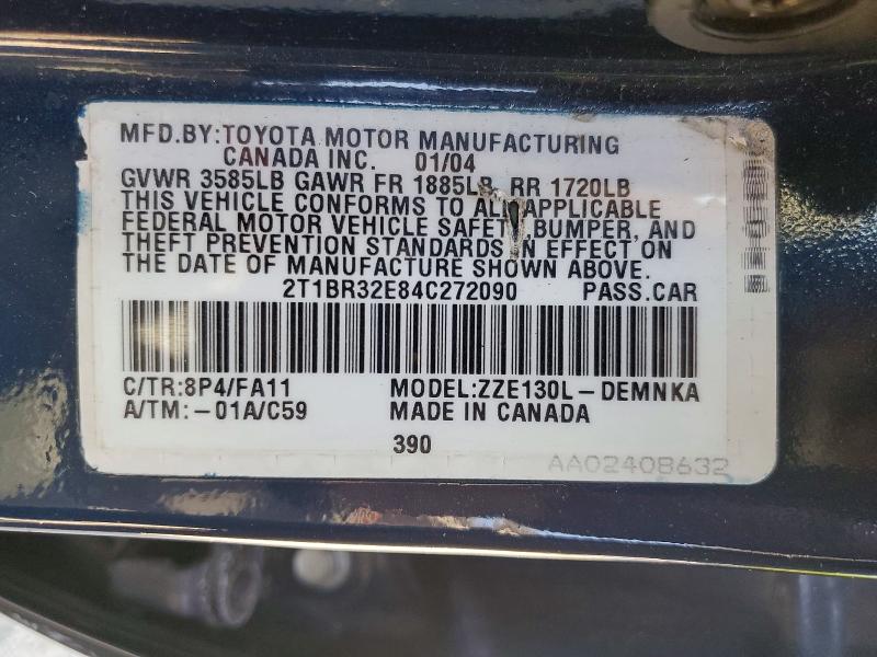 53905626 :رقم المزاد ، 2T1BR32E84C272090 vin ، 2004 Toyota Corolla مزاد بيع