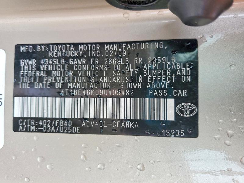 Aukcja sprzedaży 2009 Toyota Camry, vin: 4T1BE46K09U409482, numer aukcji: 54511986