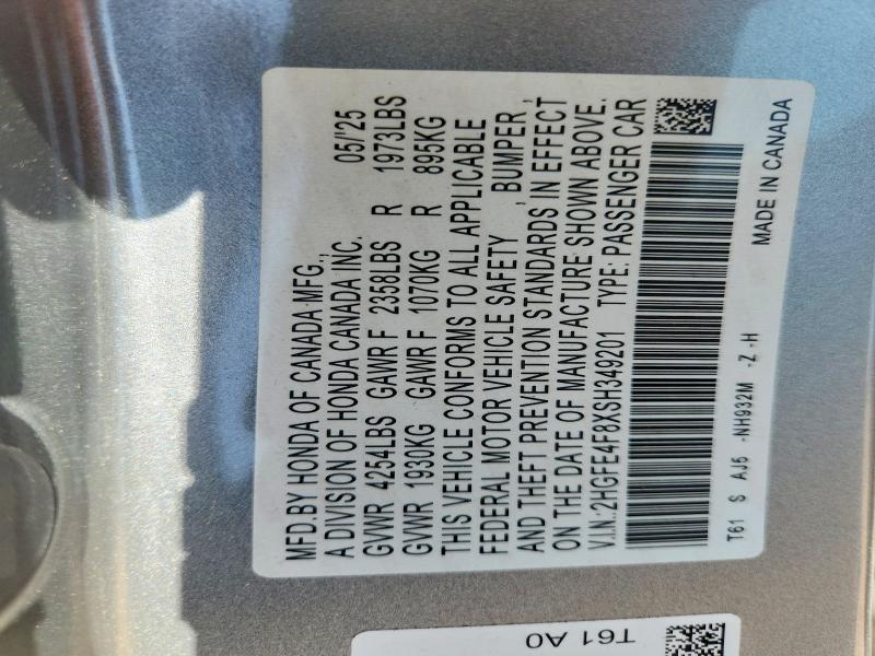 53976876 :رقم المزاد ، 2HGFE4F8XSH349201 vin ، 2025 Honda Civic مزاد بيع