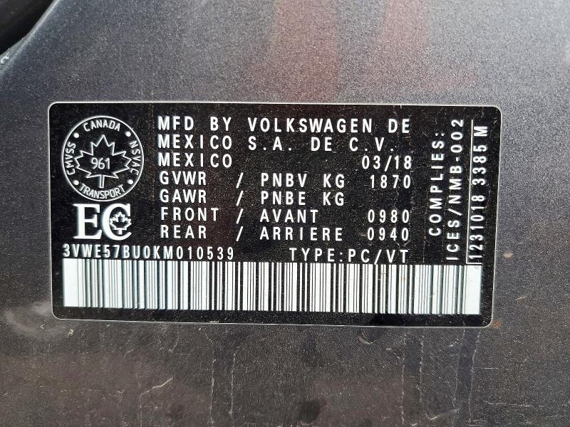 53579126 :رقم المزاد ، 3VWE57BU0KM010539 vin ، 2019 Volkswagen Jetta مزاد بيع