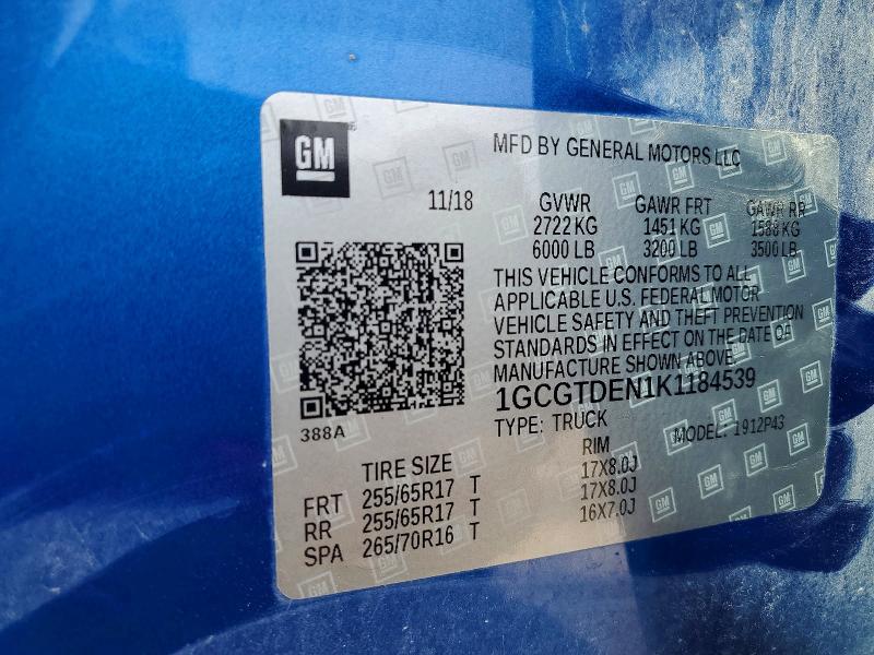2019 Chevrolet Colorado მანქანა იყიდება აუქციონზე, vin: 1GCGTDEN1K1184539, აუქციონის ნომერი: 53081436