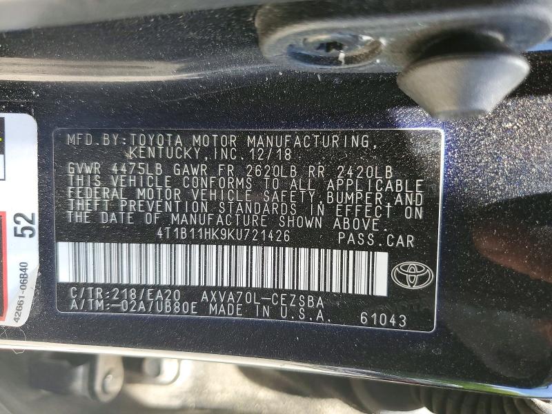 52222116 :رقم المزاد ، 4T1B11HK9KU721426 vin ، 2019 Toyota Camry مزاد بيع