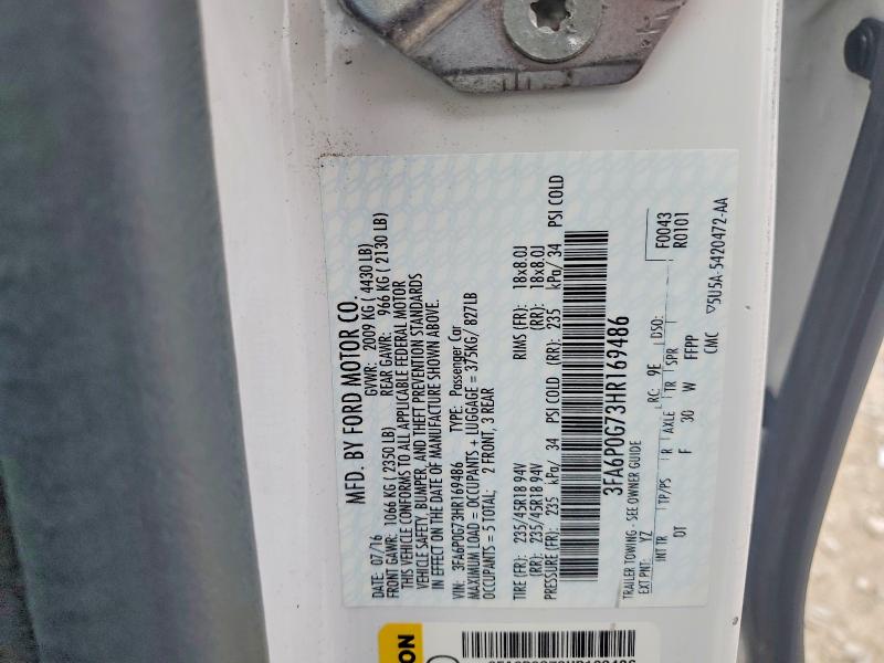 Aukcja sprzedaży 2017 Ford Fusion, vin: 3FA6P0G73HR169486, numer aukcji: 53730646
