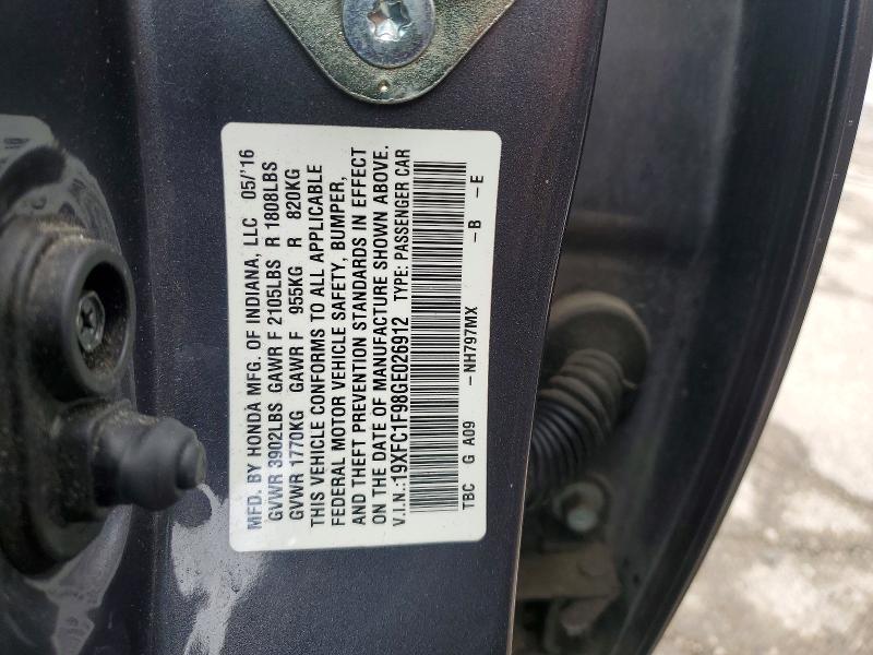2016 Honda Civic მანქანა იყიდება აუქციონზე, vin: 19XFC1F98GE026912, აუქციონის ნომერი: 51985846