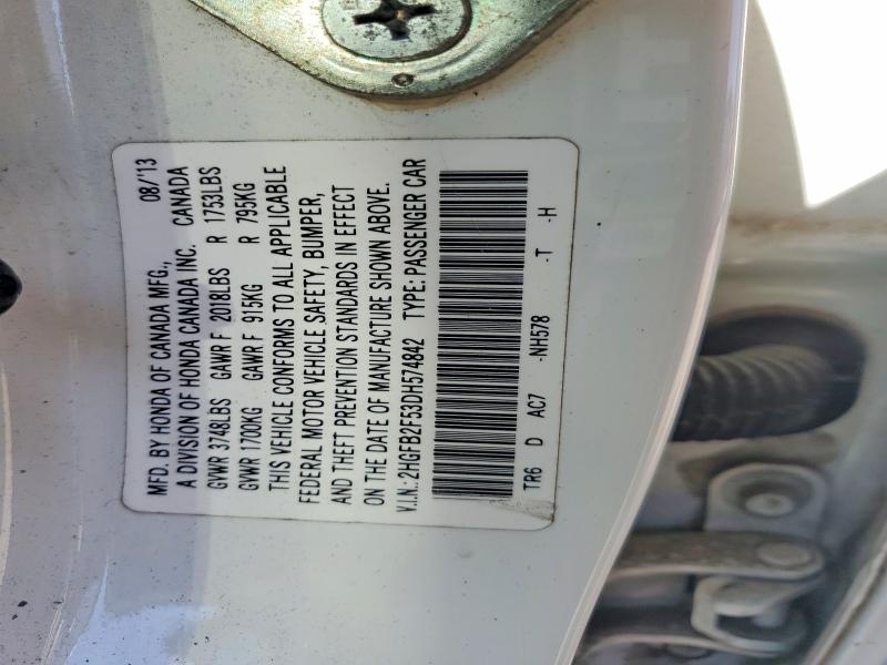 Продажа на аукционе авто 2013 Honda Civic, vin: 2HGFB2F53DH574842, номер лота: 53565276