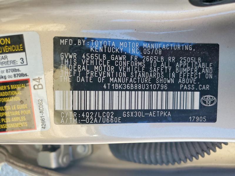 52685566 :رقم المزاد ، 4T1BK36B88U310796 vin ، 2008 Toyota Avalon مزاد بيع