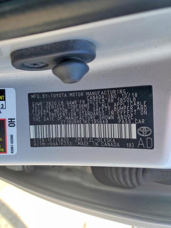 Aukcja sprzedaży 2019 Toyota Corolla, vin: 2T1BURHE1KC195648, numer aukcji: 52417796