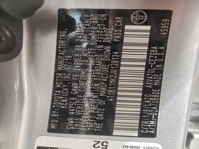 52488656 :رقم المزاد ، 4T1B11HK2JU139134 vin ، 2018 Toyota Camry مزاد بيع