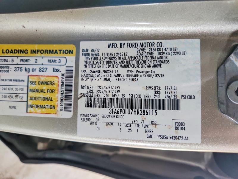 53541026 :رقم المزاد ، 3FA6P0LU7HR386115 vin ، 2017 Ford Fusion مزاد بيع
