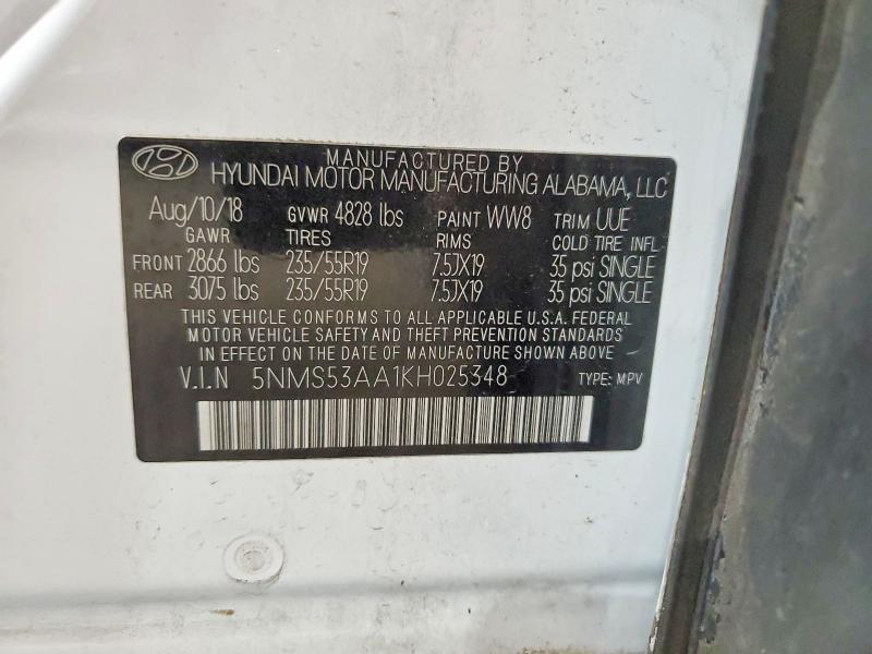 2019 Hyundai Santa Fe მანქანა იყიდება აუქციონზე, vin: 5NMS53AA1KH025348, აუქციონის ნომერი: 54344736