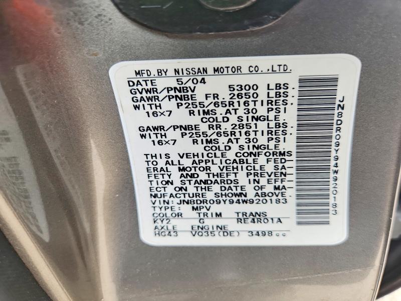 2004 Nissan Pathfinder მანქანა იყიდება აუქციონზე, vin: JN8DR09Y94W920183, აუქციონის ნომერი: 52994546