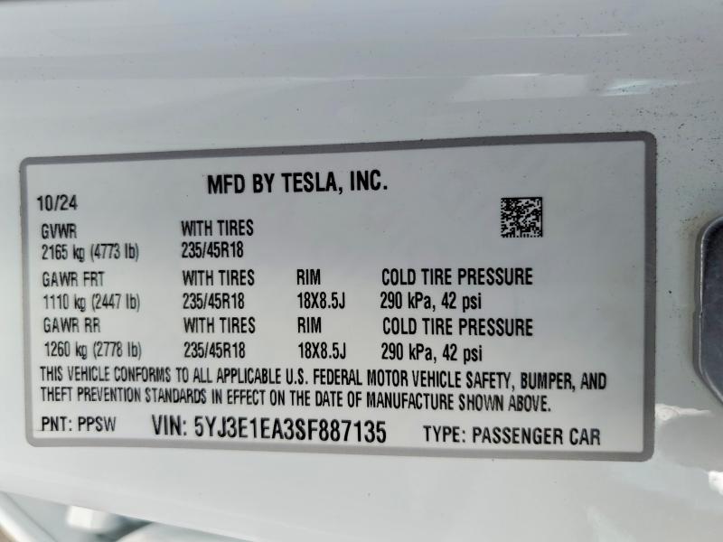 Продажа на аукционе авто 2025 Tesla Model 3, vin: 5YJ3E1EA3SF887135, номер лота: 54289816