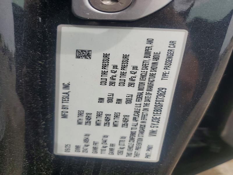 2025 Tesla Model 3 მანქანა იყიდება აუქციონზე, vin: 5YJ3E1EB0SF073629, აუქციონის ნომერი: 55188346