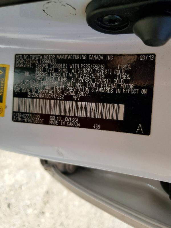 53044826 :رقم المزاد ، 2T2ZK1BA1DC117252 vin ، 2013 Lexus Rx مزاد بيع