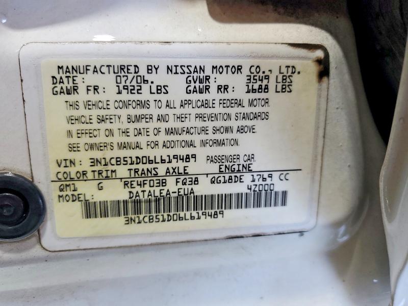 2006 Nissan Sentra მანქანა იყიდება აუქციონზე, vin: 3N1CB51D06L619489, აუქციონის ნომერი: 52324666