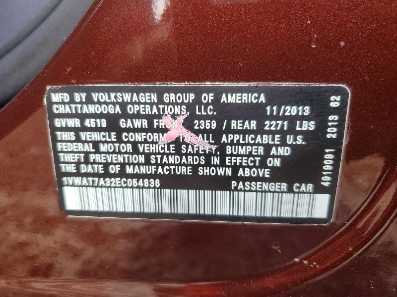 Aukcja sprzedaży 2014 Volkswagen Passat, vin: 1VWAT7A32EC054836, numer aukcji: 54867656