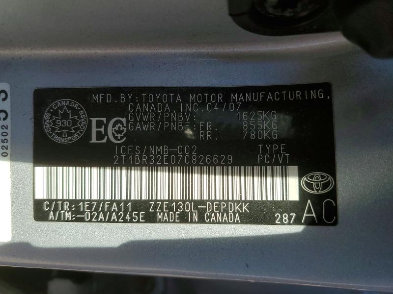 Продаж на аукціоні авто 2007 Toyota Corolla, vin: 2T1BR32E07C826629, номер лоту: 55507486