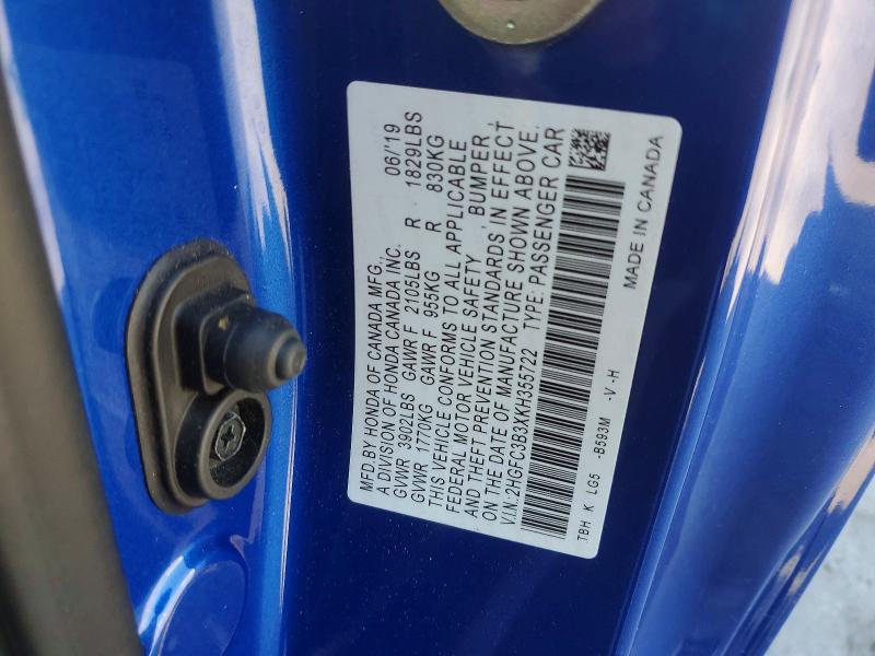 Aukcja sprzedaży 2019 Honda Civic, vin: 2HGFC3B3XKH355722, numer aukcji: 53968936