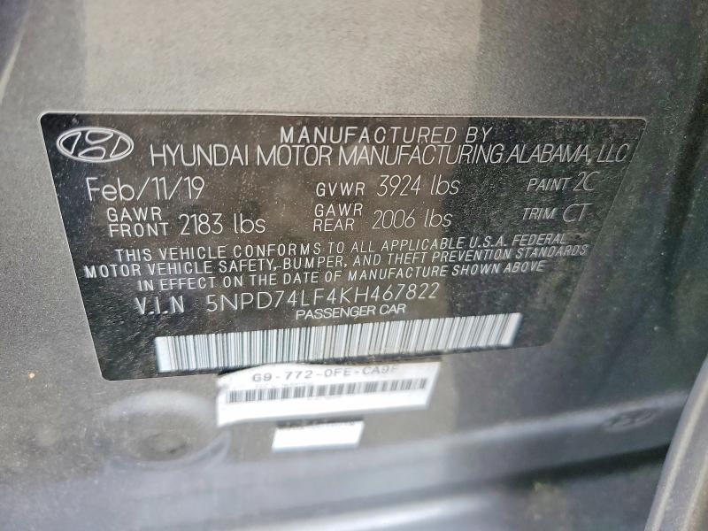 Продаж на аукціоні авто 2019 Hyundai Elantra, vin: 5NPD74LF4KH467822, номер лоту: 53989456