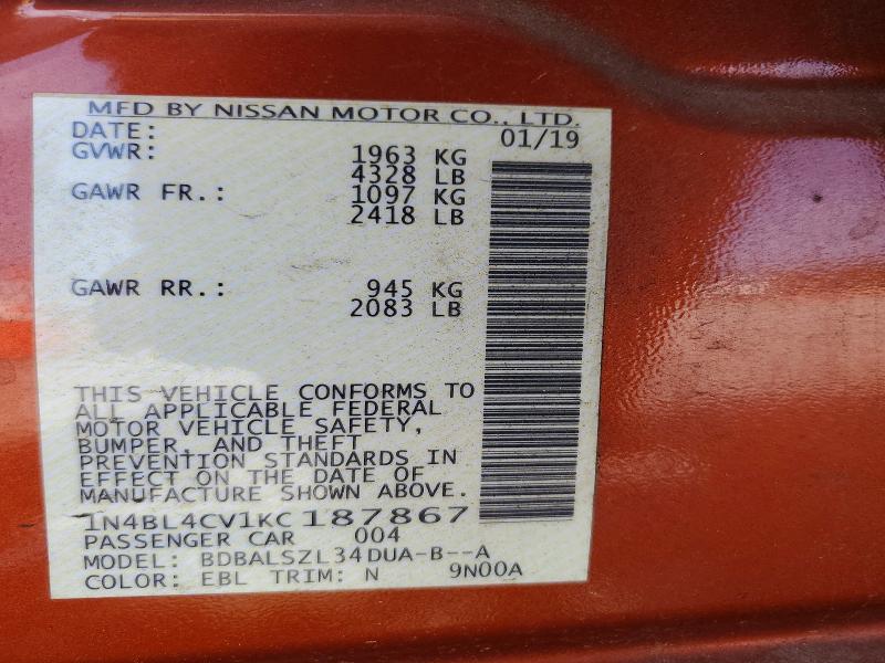 Aukcja sprzedaży 2019 Nissan Altima, vin: 1N4BL4CV1KC187867, numer aukcji: 52023966