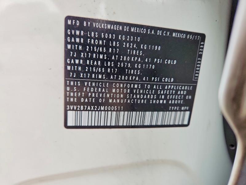 Продаж на аукціоні авто 2018 Volkswagen Tiguan, vin: 3VV2B7AX2JM000511, номер лоту: 52046866