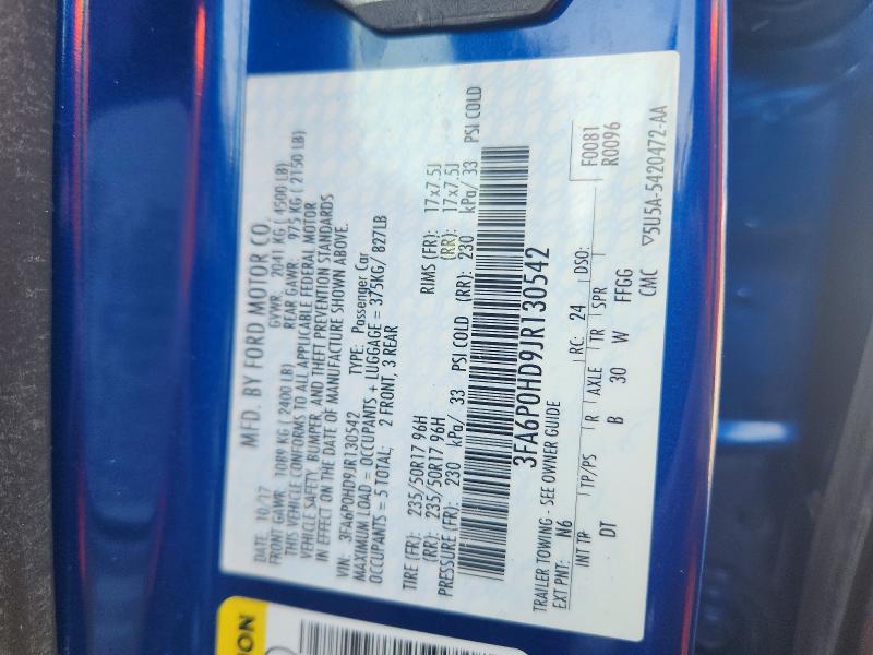 52356696 :رقم المزاد ، 3FA6P0HD9JR130542 vin ، 2018 Ford Fusion مزاد بيع