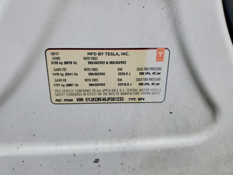 54983076 :رقم المزاد ، 5YJXCBE48JF081233 vin ، 2018 Tesla Model X مزاد بيع