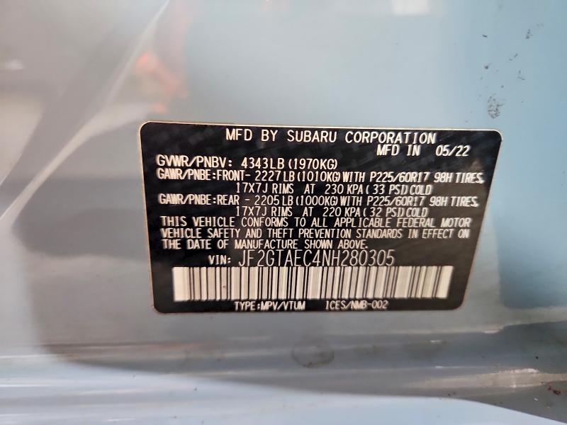 Aukcja sprzedaży 2022 Subaru Crosstrek, vin: JF2GTAEC4NH280305, numer aukcji: 55138416
