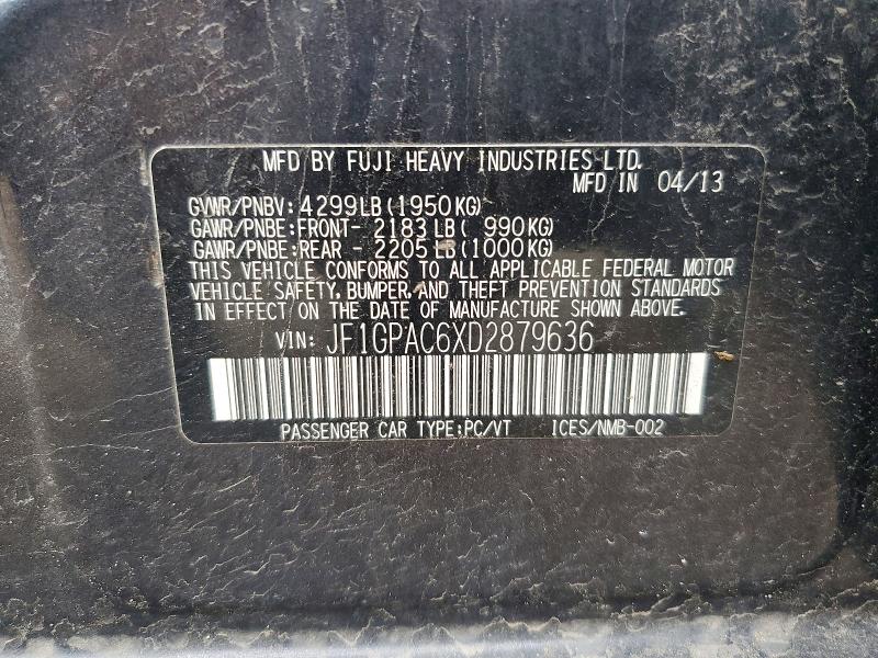 2013 Subaru Impreza მანქანა იყიდება აუქციონზე, vin: JF1GPAC6XD2879636, აუქციონის ნომერი: 51840056