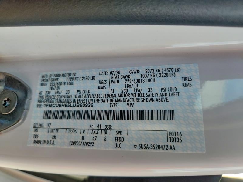 2020 Ford Escape მანქანა იყიდება აუქციონზე, vin: 1FMCU9H95LUB60926, აუქციონის ნომერი: 54866476