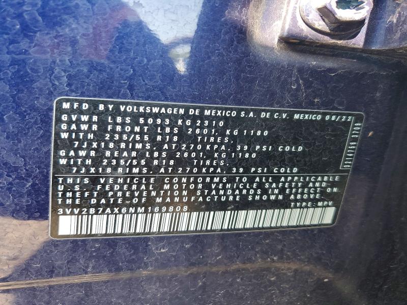 52138076 :رقم المزاد ، 3VV2B7AX6NM169808 vin ، 2022 Volkswagen Tiguan مزاد بيع