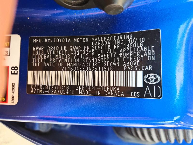 53851026 :رقم المزاد ، 2T1BU4EE0AC511546 vin ، 2010 Toyota Corolla مزاد بيع