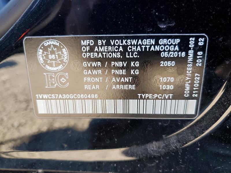 2016 Volkswagen Passat მანქანა იყიდება აუქციონზე, vin: 1VWCS7A30GC060486, აუქციონის ნომერი: 50101436