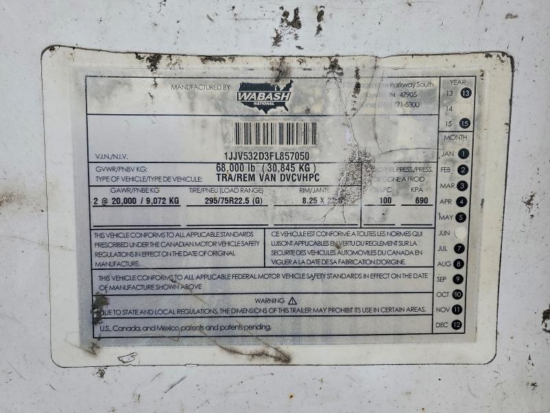 Продаж на аукціоні авто 2015 Wabash 53' Reefer Trailer, vin: 1JJV532D3FL857050, номер лоту: 52915676