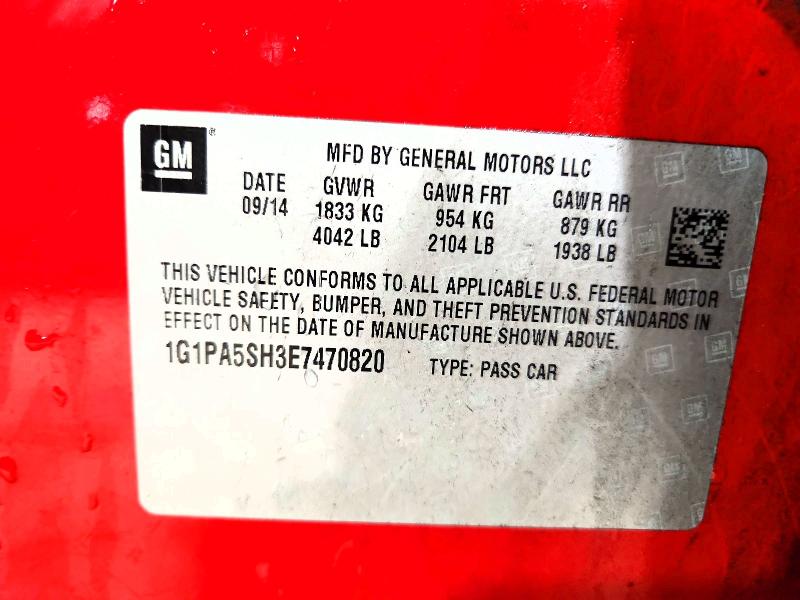 2014 Chevrolet Cruze მანქანა იყიდება აუქციონზე, vin: 1G1PA5SH3E7470820, აუქციონის ნომერი: 52944816