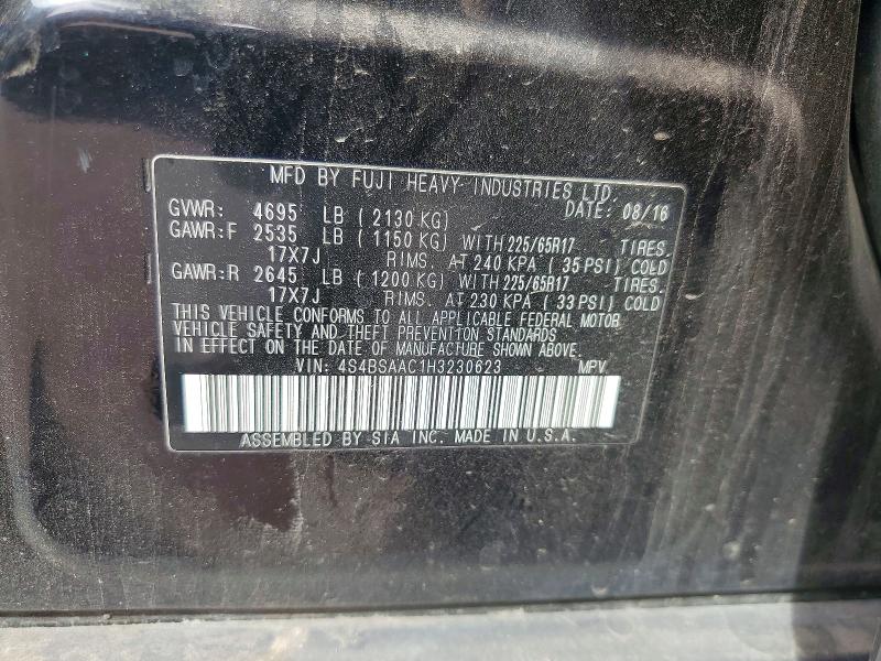 2017 Subaru Outback მანქანა იყიდება აუქციონზე, vin: 4S4BSAAC1H3230623, აუქციონის ნომერი: 54444336