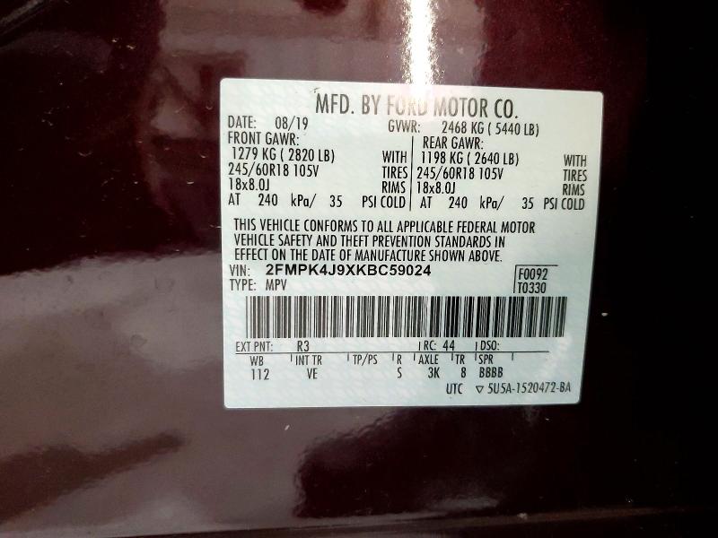 54303476 :رقم المزاد ، 2FMPK4J9XKBC59024 vin ، 2019 Ford Edge مزاد بيع