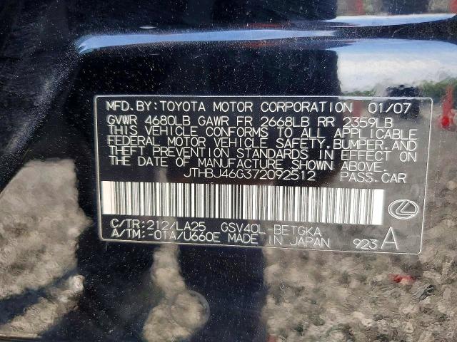 Aukcja sprzedaży 2007 Lexus Es, vin: JTHBJ46G372092512, numer aukcji: 54279016