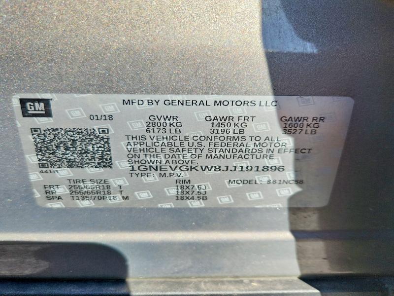 2018 Chevrolet Traverse მანქანა იყიდება აუქციონზე, vin: 1GNEVGKW8JJ191896, აუქციონის ნომერი: 53991376