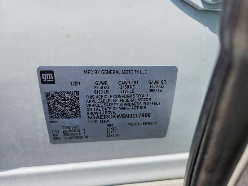 2022 Buick Enclave მანქანა იყიდება აუქციონზე, vin: 5GAERCKW6NJ117888, აუქციონის ნომერი: 53766856