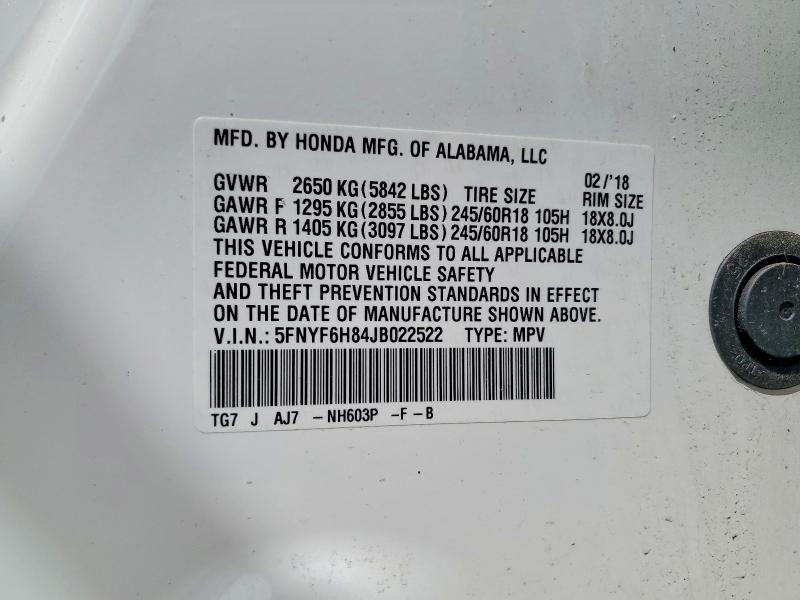 Aukcja sprzedaży 2018 Honda Pilot, vin: 5FNYF6H84JB022522, numer aukcji: 54351806