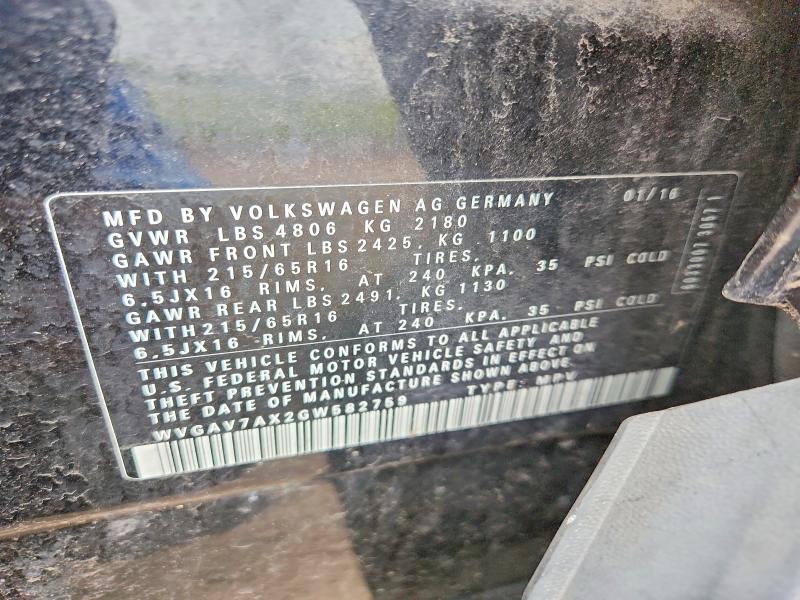 52613116 :رقم المزاد ، WVGAV7AX2GW582759 vin ، 2016 Volkswagen Tiguan مزاد بيع