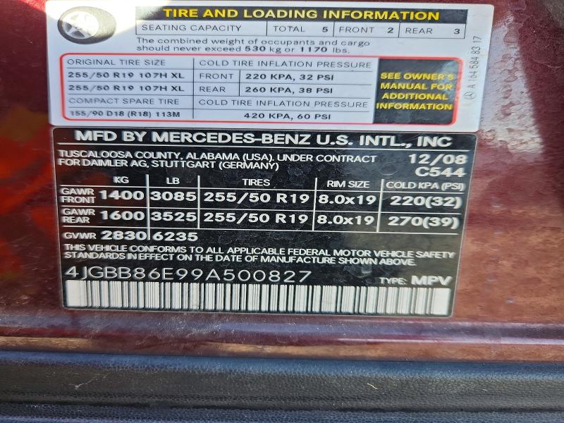 Aukcja sprzedaży 2009 Mercedes-benz Ml, vin: 4JGBB86E99A500827, numer aukcji: 55183236