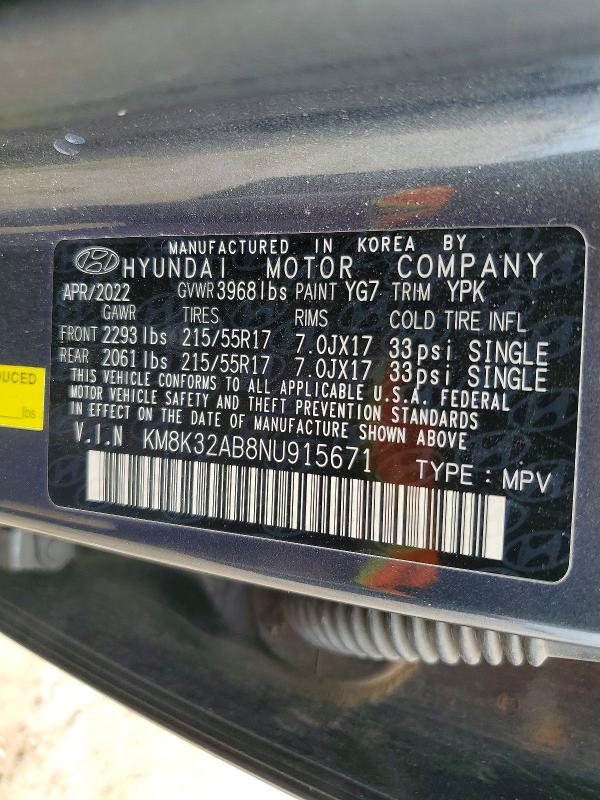 2022 Hyundai Kona მანქანა იყიდება აუქციონზე, vin: KM8K32AB8NU915671, აუქციონის ნომერი: 52382476