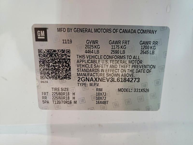 54828536 :رقم المزاد ، 2GNAXNEV3L6184273 vin ، 2020 Chevrolet Equinox مزاد بيع